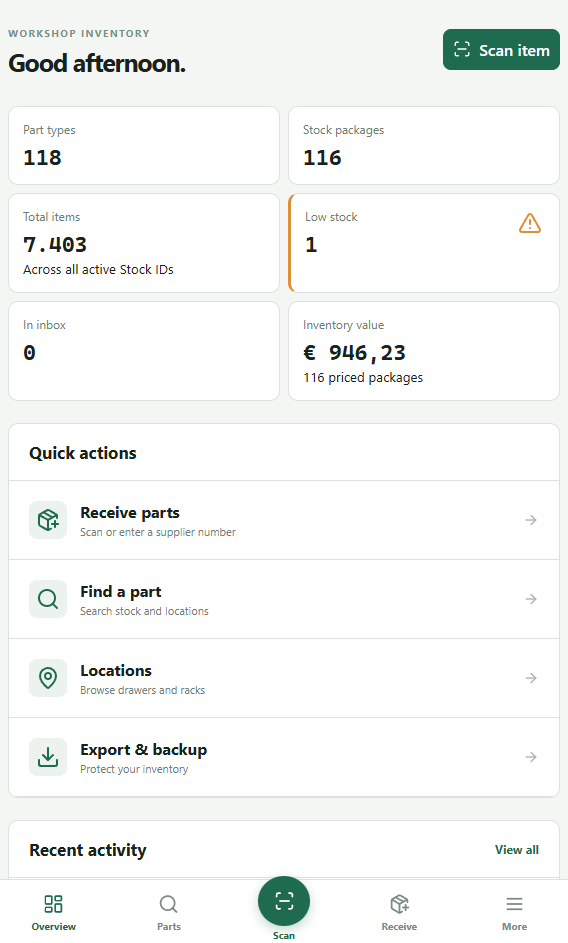 Parts Inventory scanning interface