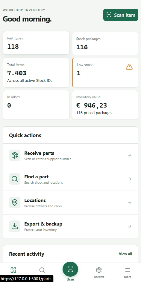 Parts Inventory scanning interface